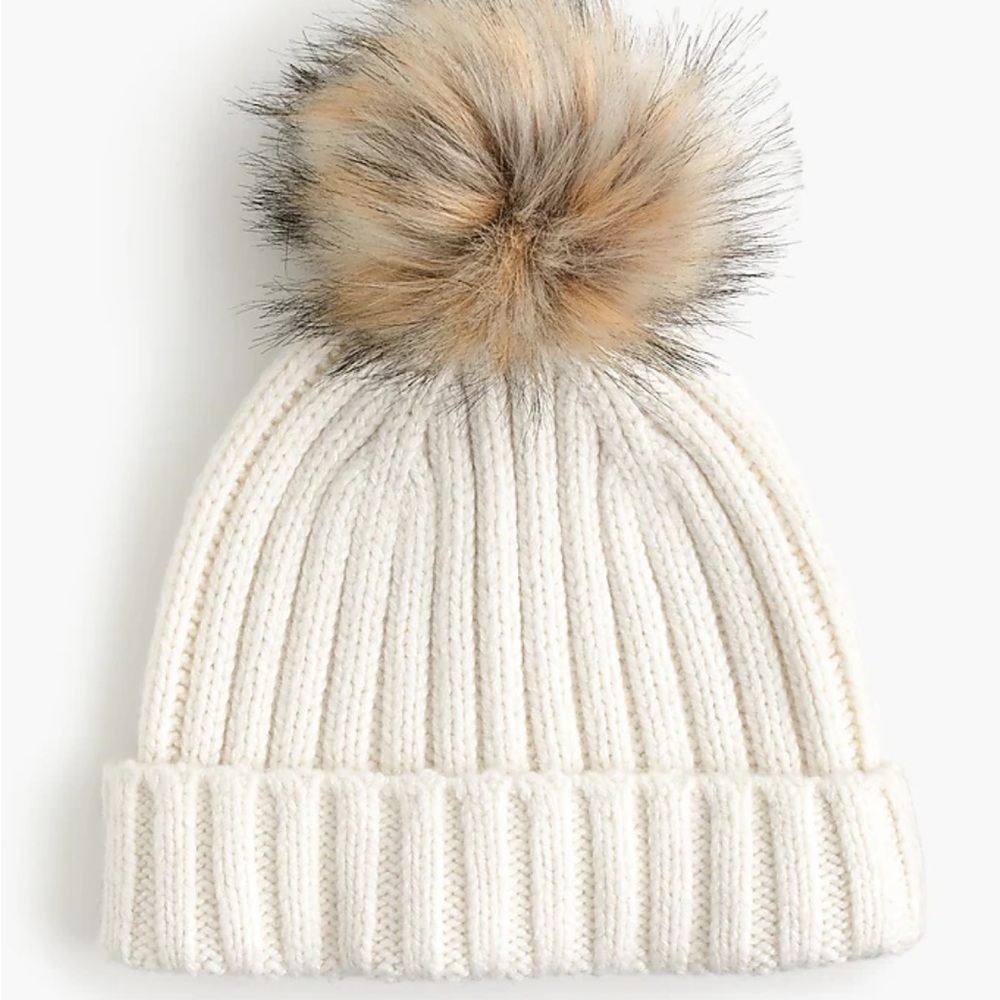 J Crew Ribbed Beanie w/ Faux Fur Pom